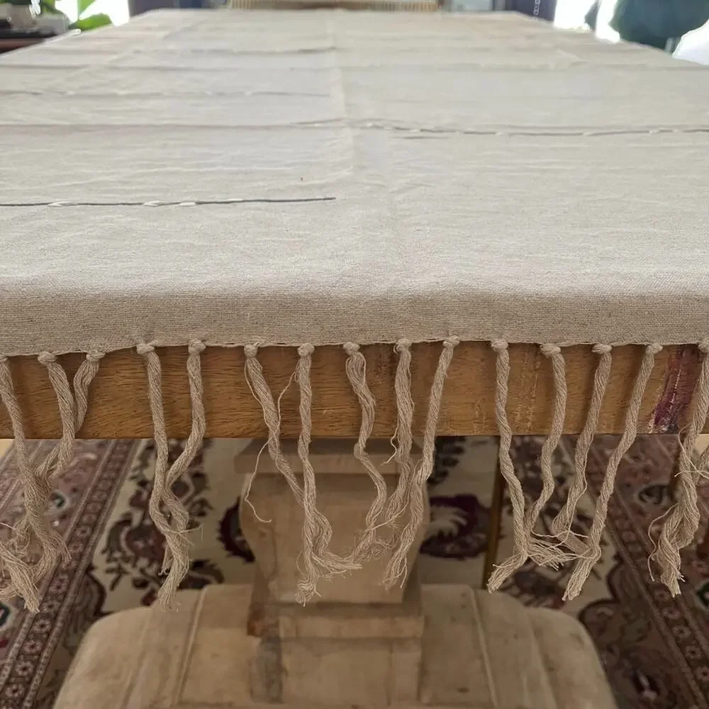 Heavyweight Taupe Linen Tablecloth with Fringe Embroidered Leaves 86
